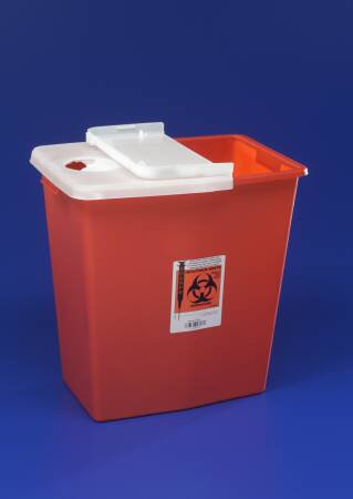 SharpSafety - Sharps Container 18-3/4 H X 18-1/4 W X 12-3/4 D Inch 12 Gallon Red Base / White Lid Vertical Entry Gasketed Sliding Lid - 8936SA
