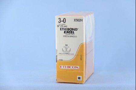 Ethibond - Suture with Needle Nonabsorbable Coated Green Suture Braided Polyester Size 3 - 0 30 Inch Suture Double-Armed 26 mm Length 1/2 Circle Taper Point Needle - X562H