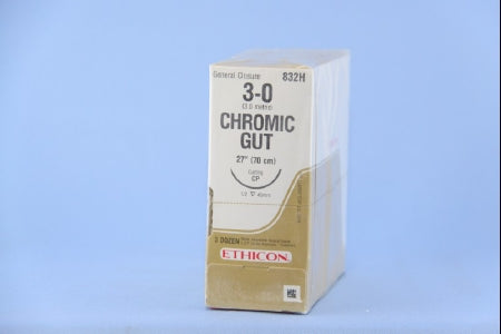 J & J Healthcare Systems - Suture with Needle Absorbable Uncoated Undyed Suture Chromic Gut Size 3 - 0 27 Inch Suture 1-Needle 40 mm Length 1/2 Circle Reverse Cutting Needle - 832H