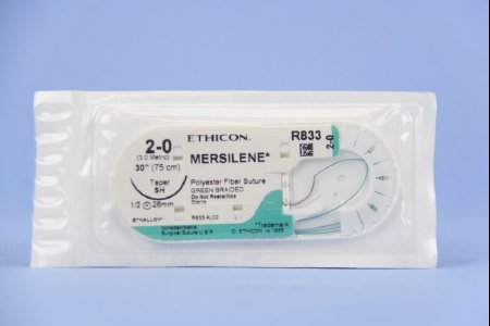 J & J Healthcare Systems Mersilene Suture with Needle Nonabsorbable Uncoated Green Suture Braided Polyester Size 2-0 30 Inch Suture 1-Needle 26 mm Length 1/2 Circle Taper Point Needle - R833H