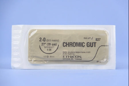 J & J Healthcare Systems Suture with Needle Absorbable Uncoated Undyed Suture Chromic Gut Size 2-0 27 Inch Suture 1-Needle 36.4 mm Length 1/2 Circle Taper Cut Needle - 837H