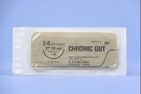 J & J Healthcare Systems - Suture with Needle Absorbable Uncoated Undyed Suture Chromic Gut Size 2 - 0 27 Inch Suture 1-Needle 36.4 mm Length 1/2 Circle Taper Cut Needle - 837H