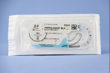 J & J Healthcare Systems Perma-Hand Suture with Needle Nonabsorbable Coated Black Suture Braided Silk Size 2-0 30 Inch Suture 1-Needle 36.4 mm Length 1/2 Circle Taper Point Needle - K843H