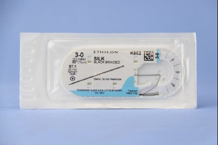 J & J Healthcare Systems Perma-Hand Suture with Needle Nonabsorbable Coated Black Suture Braided Silk Size 3-0 30 Inch Suture 1-Needle 45 mm Length Straight Taper Point Needle - K852H