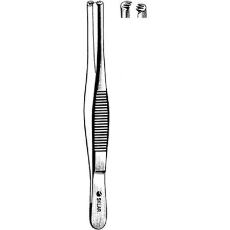 Sklar Tissue Forceps 5-1/2 Inch Surgical Grade Stainless Steel NonSterile NonLocking Thumb Handle Straight 3 X 4 Teeth, Serrated Tip - 19-1655