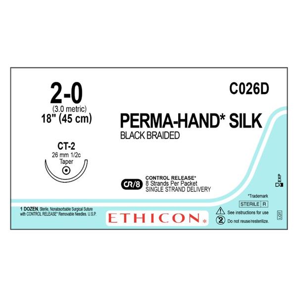 Ethicon Inc,a J & J Company Suture 2-0 Silk Ct-2 Perma-Hand Black 8-18" Braid Bx - C026D
