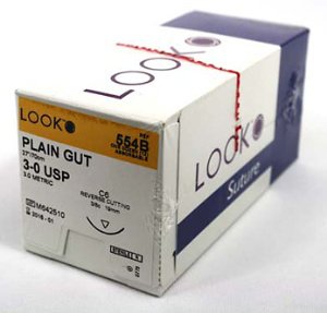 LOOK - Suture with Needle Absorbable Uncoated Undyed Suture Plain Gut Size 3 - 0 27 Inch Suture 1-Needle 19 mm Length 3/8 Circle Reverse Cutting Needle - 554B