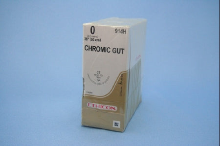 J & J Healthcare Systems - Suture with Needle Absorbable Uncoated Undyed Suture Chromic Gut Size 0 36 Inch Suture 1-Needle 40 mm Length 1/2 Circle Taper Point Needle - 914H