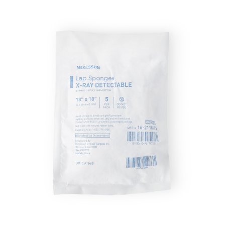 McKesson - Surgical Laparotomy Sponge X-Ray Detectable Cotton 18 X 18 Inch 5 Count Soft Pack Sterile - 16-2118181