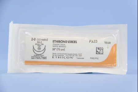 J & J Healthcare Systems Ethibond Suture with Needle Nonabsorbable Coated White Suture Braided Polyester Size 2-0 30 Inch Suture Double-Armed 20 mm Length 1/2 Circle Taper Point Needle - PX83H