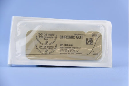J & J Healthcare Systems - Suture with Needle Absorbable Uncoated Undyed Suture Chromic Gut Size 2 - 0 54 Inch Suture Double-Armed 36 mm Length 1/2 Circle Taper Point Needle / Reverse Cutting Needle - 983H