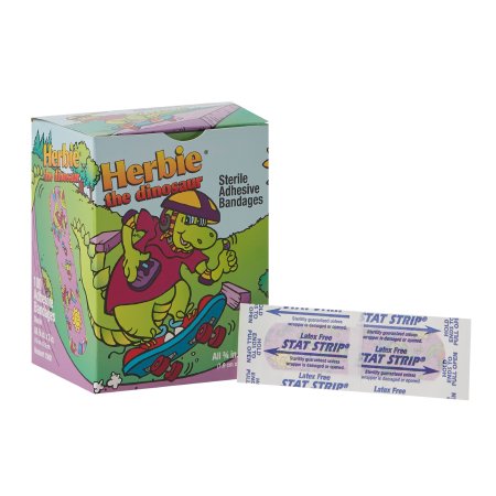 American White Cross Stat Strip - Adhesive Strip 3/4 X 3 Inch Plastic Rectangle Kid Design (Herbie the Dinosaur) Sterile - 15601