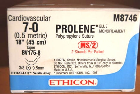J & J Healthcare Systems Prolene Suture with Needle Nonabsorbable Uncoated Blue Suture Monofilament Polypropylene Suture Size 7-0 18 Inch Suture Double-Armed 9.3 mm Length 3/8 Circle Taper Point Needle - 8701H