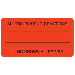 Tabbies Allergy Labels, "Allergies/Drug Reactions" Fluorescent Red - 3-1/4"W x 1-3/4"H, 250 per Roll - MAP3230