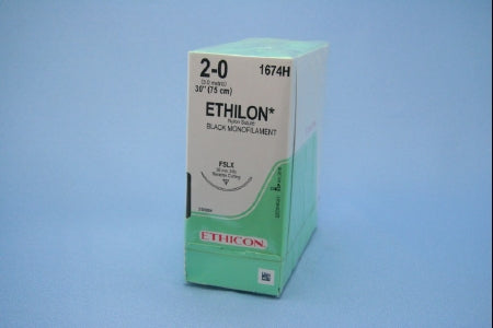 Ethilon - Suture with Needle Nonabsorbable Uncoated Black Suture Monofilament Nylon Size 2 - 0 30 Inch Suture 1-Needle 36 mm Length 3/8 Circle Reverse Cutting Needle - 1674H