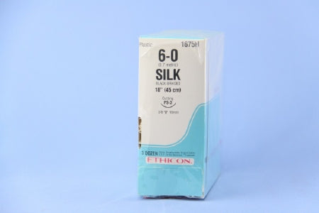 J & J Healthcare Systems Perma-Hand Suture with Needle Nonabsorbable Coated Black Suture Braided Silk Size 6-0 18 Inch Suture 1-Needle 16 mm Length 3/8 Circle Reverse Cutting Needle - 1675H