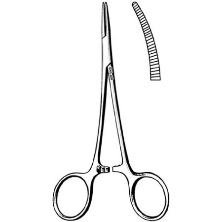 Sklar - Hemostatic Forceps Hartmann-Mosquito 5 Inch Length Surgical Grade Stainless Steel NonSterile Ratchet Lock Finger Ring Handle Curved Serrated Tip - 23-2506