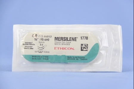 J & J Healthcare Systems Mersilene Suture with Needle Nonabsorbable Uncoated White Suture Braided Polyester Size 4-0 18 Inch Suture Double-Armed 8 mm Length 1/4 Circle Conventional Spatula Needle - 1778G