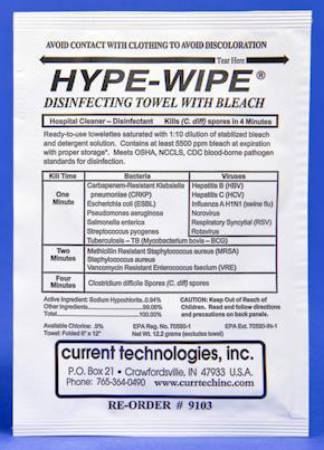 Fisher Scientific Hype-Wipe Surface Disinfectant HYPE-WIPE Premoistened Wipe 100 Count Individual Packet Bleach Scent - 1441256