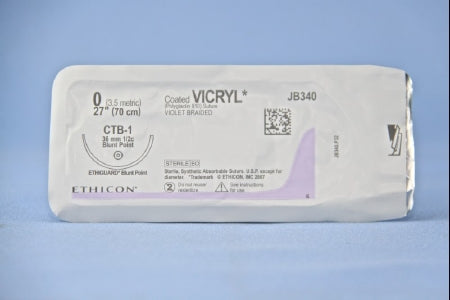 J & J Healthcare Systems Coated Vicryl Suture with Needle Absorbable Coated Violet Suture Braided Polyglactin 910 Size 0 27 Inch Suture 1-Needle 36.4 mm Length 1/2 Circle Blunt Point Needle - JB340