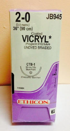 J & J Healthcare Systems Coated Vicryl Suture with Needle Absorbable Coated Undyed Suture Braided Polyglactin 910 Size 2-0 36 Inch Suture 1-Needle 36.4 mm Length 1/2 Circle Blunt Point Needle - JB945