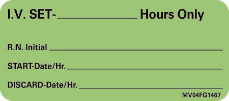 MedVision - Pre-Printed Label Advisory Label Green Paper IV Set_Hours Only Black Syringe Label 1 X 2-1/4 Inch - MV04FG1467