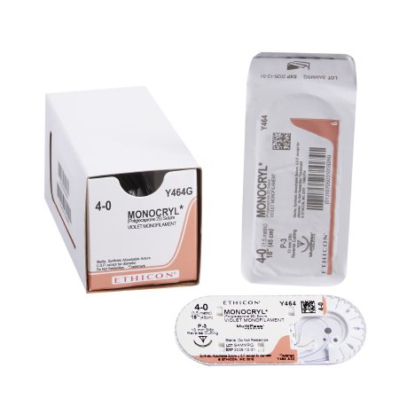 Monocryl - Suture with Needle Absorbable Uncoated Violet Suture Monofilament Poliglecaprone Size 4 - 0 18 Inch Suture 1-Needle 13 mm Length 3/8 Circle Precision Point - Reverse Cutting Needle - Y464G