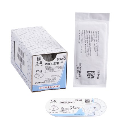 Prolene - Suture with Needle Nonabsorbable Uncoated Blue Suture Monofilament Polypropylene Suture Size 3 - 0 18 Inch Suture 1-Needle 19 mm Length 3/8 Circle Reverse Cutting Needle - 8665G