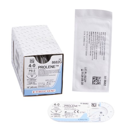 Prolene - Suture with Needle Nonabsorbable Uncoated Blue Suture Monofilament Polypropylene Suture Size 4 - 0 18 Inch Suture 1-Needle 19 mm Length 3/8 Circle Precision Point - Reverse Cutting Needle - 8682G