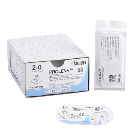 Prolene - Suture with Needle Nonabsorbable Uncoated Blue Suture Monofilament Polypropylene Suture Size 2 - 0 18 Inch Suture 1-Needle 26 mm Length 3/8 Circle Reverse Cutting Needle - 8685H