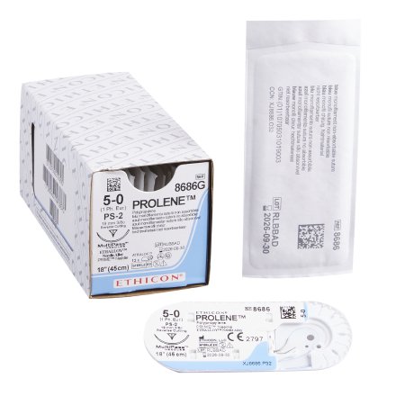 Prolene - Suture with Needle Nonabsorbable Uncoated Blue Suture Monofilament Polypropylene Suture Size 5 - 0 18 Inch Suture 1-Needle 19 mm Length 3/8 Circle Precision Point - Reverse Cutting Needle - 8686G