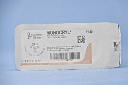 Monocryl - Suture with Needle Absorbable Uncoated Violet Suture Monofilament Poliglecaprone Size 0 27 Inch Suture 1-Needle 36 mm Length 1/2 Circle Taper Point Needle - Y340H