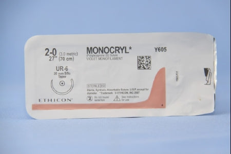 J & J Healthcare Systems Monocryl Suture with Needle Absorbable Uncoated Violet Suture Monofilament Poliglecaprone Size 2-0 27 Inch Suture 1-Needle 26 mm Length 5/8 Circle Taper Point Needle - Y605H