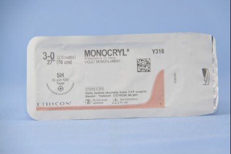 J & J Healthcare Systems Monocryl Suture with Needle Absorbable Uncoated Violet Suture Monofilament Poliglecaprone Size 3-0 27 Inch Suture 1-Needle 26 mm Length 1/2 Circle Taper Point Needle - Y316H