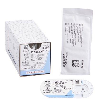 Prolene - Suture with Needle Nonabsorbable Uncoated Blue Suture Monofilament Polypropylene Suture Size 6 - 0 18 Inch Suture 1-Needle 13 mm Length 3/8 Circle Precision Point - Reverse Cutting Needle - 8695G
