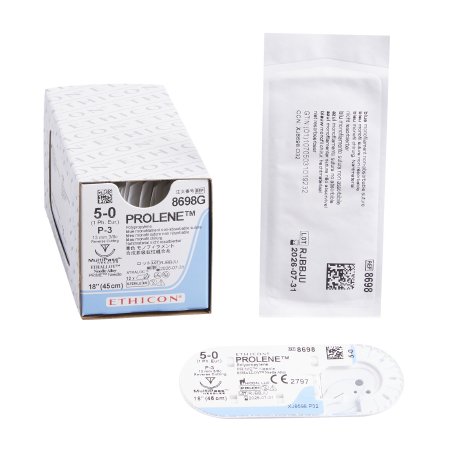 Prolene - Suture with Needle Nonabsorbable Uncoated Blue Suture Monofilament Polypropylene Suture Size 5 - 0 18 Inch Suture 1-Needle 13 mm Length 3/8 Circle Precision Point - Reverse Cutting Needle - 8698G
