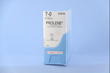 Prolene - Suture with Needle Nonabsorbable Uncoated Blue Suture Monofilament Polypropylene Suture Size 7 - 0 18 Inch Suture Double-Armed 9.3 mm Length 3/8 Circle Taper Point Needle - 8701H