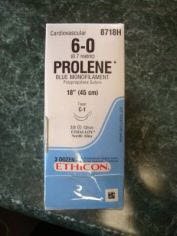 Prolene - Suture with Needle Nonabsorbable Uncoated Blue Suture Monofilament Polypropylene Suture Size 6 - 0 18 Inch Suture Double-Armed 12 mm Length 3/8 Circle Taper Point Needle - 8718H