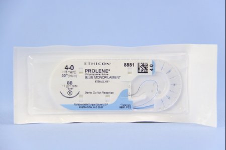 J & J Healthcare Systems Prolene Suture with Needle Nonabsorbable Uncoated Blue Suture Monofilament Polypropylene Suture Size 4-0 30 Inch Suture 1-Needle 17 mm Length 3/8 Circle Taper Point Needle - 8881H