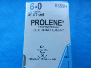 J & J Healthcare Systems Prolene Suture with Needle Nonabsorbable Uncoated Blue Suture Monofilament Polypropylene Suture Size 6-0 30 Inch Suture 1-Needle 13 mm Length 3/8 Circle Taper Point Needle - 8889H