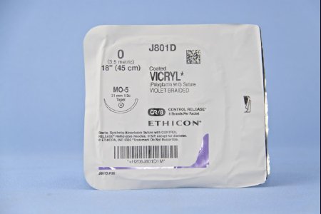 Coated Vicryl - Suture with Needle Absorbable Coated Violet Suture Braided Polyglactin 910 Size 0 18 Inch Suture 1-Needle 31 mm Length 1/2 Circle Taper Point Needle - J801D
