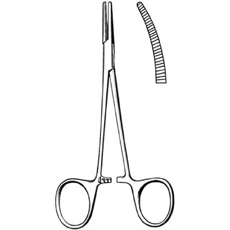 Sklar Surgi-OR Hemostatic Forceps Halsted-Mosquito 5 Inch Mid Grade Stainless Steel NonSterile Ratchet Lock Finger Ring Handle Curved Serrated Tip - 95-431