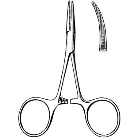 Sklar Surgi-OR Hemostatic Forceps Hartmann-Mosquito 3-1/2 Inch Mid Grade Stainless Steel NonSterile Ratchet Lock Finger Ring Handle Curved Serrated Tip - 95-421