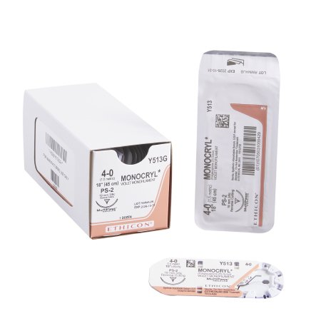 Monocryl - Suture with Needle Absorbable Uncoated Violet Suture Monofilament Poliglecaprone Size 4 - 0 18 Inch Suture 1-Needle 19 mm Length 3/8 Circle Precision Point - Reverse Cutting Needle - Y513G