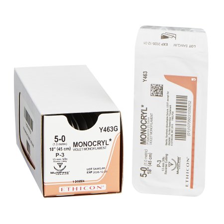 Monocryl - Suture with Needle Absorbable Uncoated Violet Suture Monofilament Poliglecaprone Size 5 - 0 18 Inch Suture 1-Needle 13 mm Length 3/8 Circle Precision Point - Reverse Cutting Needle - Y463G