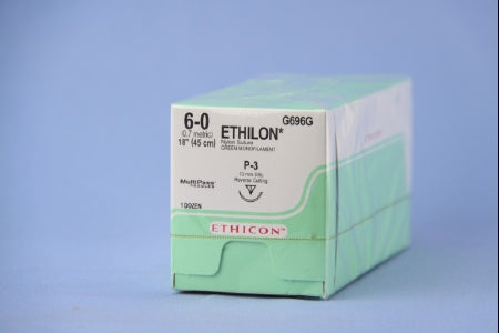 Ethilon - Suture with Needle Nonabsorbable Uncoated Green Suture Monofilament Nylon Size 6 - 0 18 Inch Suture 1-Needle 13 mm Length 3/8 Circle Reverse Cutting Needle - G696G