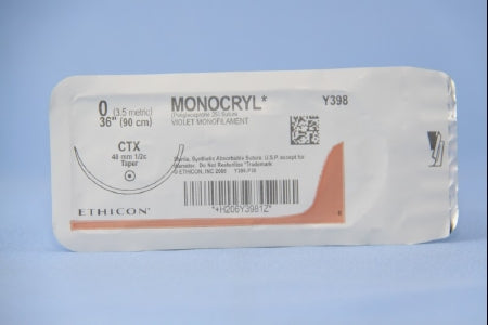 J & J Healthcare Systems Monocryl Suture with Needle Absorbable Uncoated Violet Suture Monofilament Poliglecaprone Size 0 36 Inch Suture 1-Needle 48 mm Length 1/2 Circle Taper Point Needle - Y398H