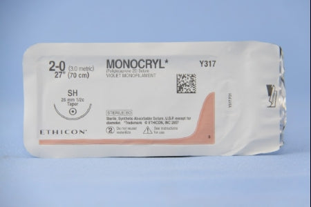 J & J Healthcare Systems Monocryl Suture with Needle Absorbable Uncoated Violet Suture Monofilament Poliglecaprone Size 2-0 27 Inch Suture 1-Needle 26 mm Length 1/2 Circle Taper Point Needle - Y333H