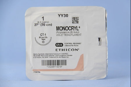 J & J Healthcare Systems Monocryl Suture with Needle Absorbable Uncoated Violet Suture Monofilament Poliglecaprone Size 1 27 Inch Suture 1-Needle 36 mm Length 1/2 Circle Taper Point Needle - YY30G