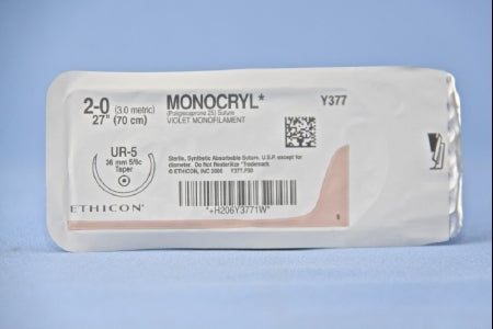 J & J Healthcare Systems Monocryl Suture with Needle Absorbable Uncoated Violet Suture Monofilament Poliglecaprone Size 2-0 27 Inch Suture 1-Needle 36.4 mm Length 5/8 Circle Taper Point Needle - Y377H